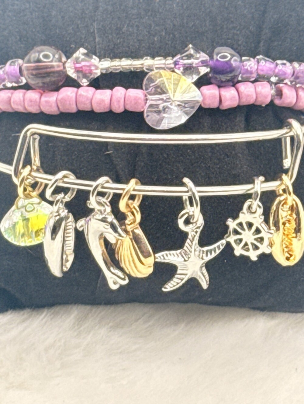"Coastal" Gold & Silver Nautical Charm Bangle with Pink Beaded Accents